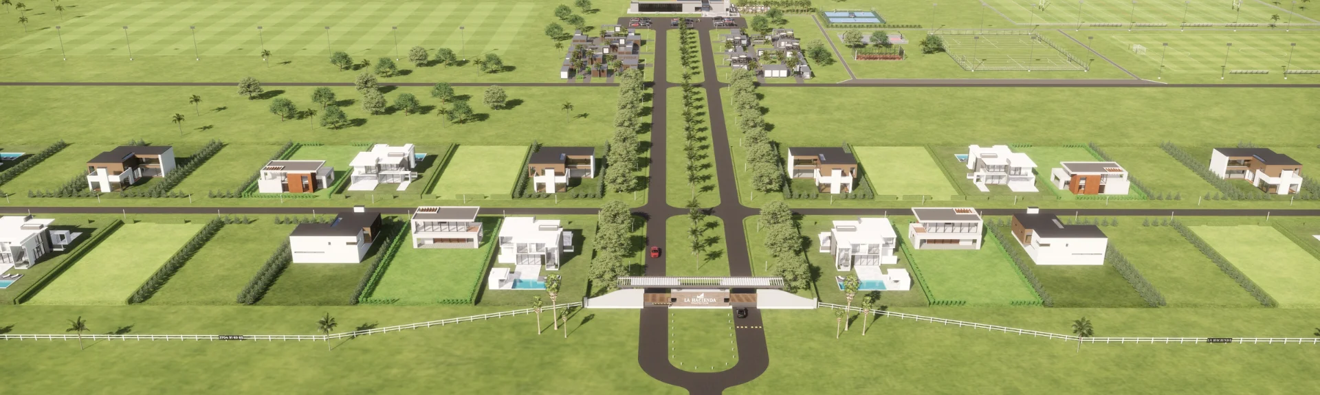Vista panorámica del desarrollo inmobiliario de La Hacienda Country Club con lotes y accesos.